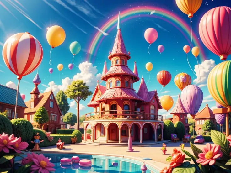 best quality, highres, ultra-detailed, vibrant colors, dreamlike atmosphere, fantasy world, candy-like textures, whimsical characters, playful scene, lollipop trees, sugary landscapes, magical castle, colorful candies and sweets, chocolate rivers, cotton c...