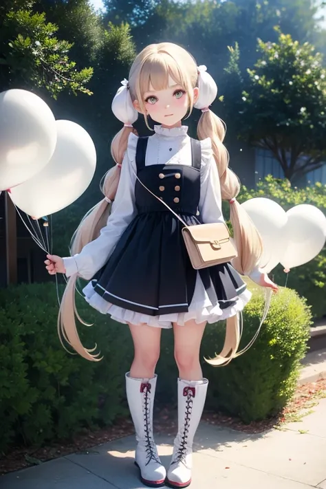 having a white balloon , full body, real photo, 11 years old girl, twin tails, looking down at me, boots,