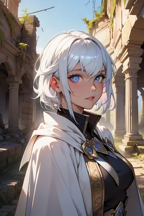 （Best quality at best），Detailed ruins ruins background，Beautiful female doll，with short white hair，Iridescent pupils，Wears a silver-white cape，The face is delicate