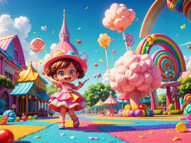 (a vibrant candy wonderland),(best quality, vivid colors, highres),(candies, lollipops, cotton candy), (bright rainbow colors), ...