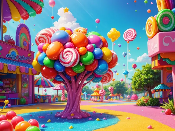 (a vibrant candy wonderland),(best quality, vivid colors, highres),(candies, lollipops, cotton candy), (bright rainbow colors), (sparkling sugar crystals), (candy mountains), (chocolate river), (gummy bears), (giant lollipop trees), (sugar-coated flowers),...