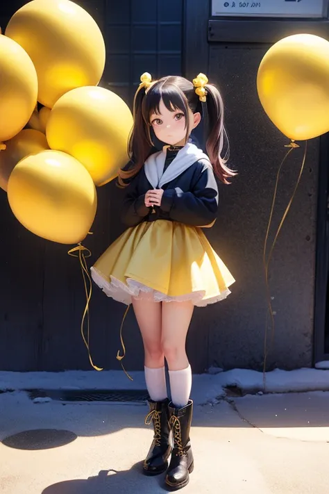 having a gold balloon , full body, real photo, 11 years old girl, twin tails, looking down at me, boots,