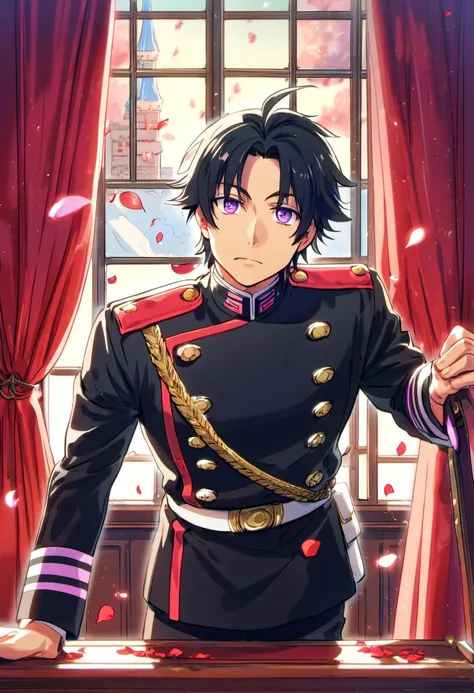 absurdres, highres, ultra detailed, HDR), master piece, best quality, Ichinose Guren, black hair without bangs, expressive purple eyes, Owari no seraph, military black clothes, 1man, handsome, window, petals, red curtains, inside a castle