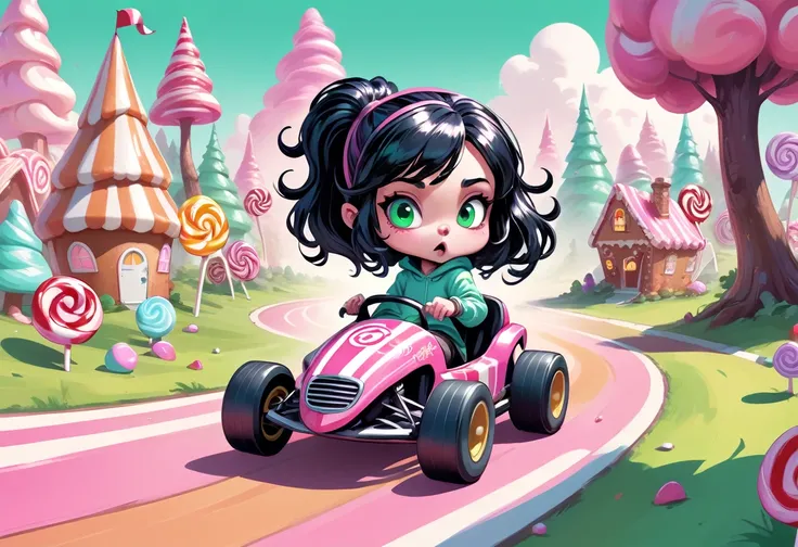 illustrate hand drawn, showcase of candy land aesthetics, candy land, sinister extreme metal frontierer art style reference glitch, overwhelming glitches, glitching, glitch art, glitch art style, Vanellope von Schweetz, sugar rush racer, racer kart at max ...