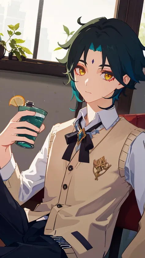 1 boy,dark green hair,highest quality,masterpiece,Excessive,male focus,yellow eyes,beautiful eyes,beautiful boy,student,cutter shirt,beige cardigan,