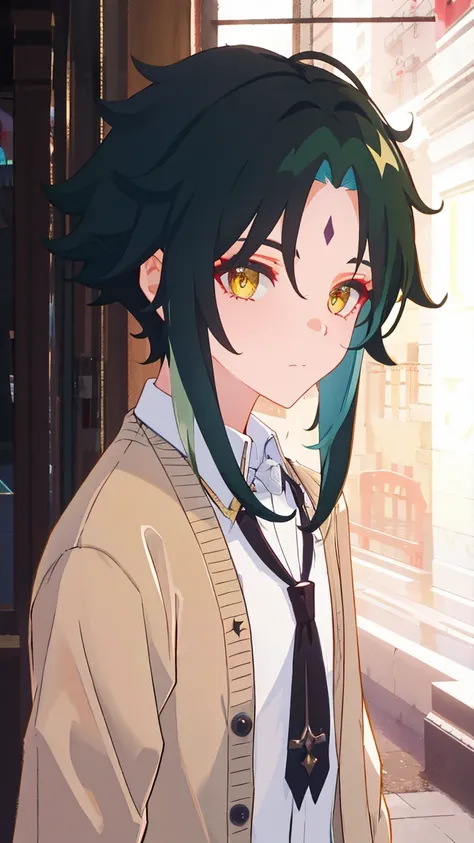 1 boy,dark green hair,highest quality,masterpiece,Excessive,male focus,yellow eyes,beautiful eyes,beautiful boy,student,cutter shirt,beige cardigan,