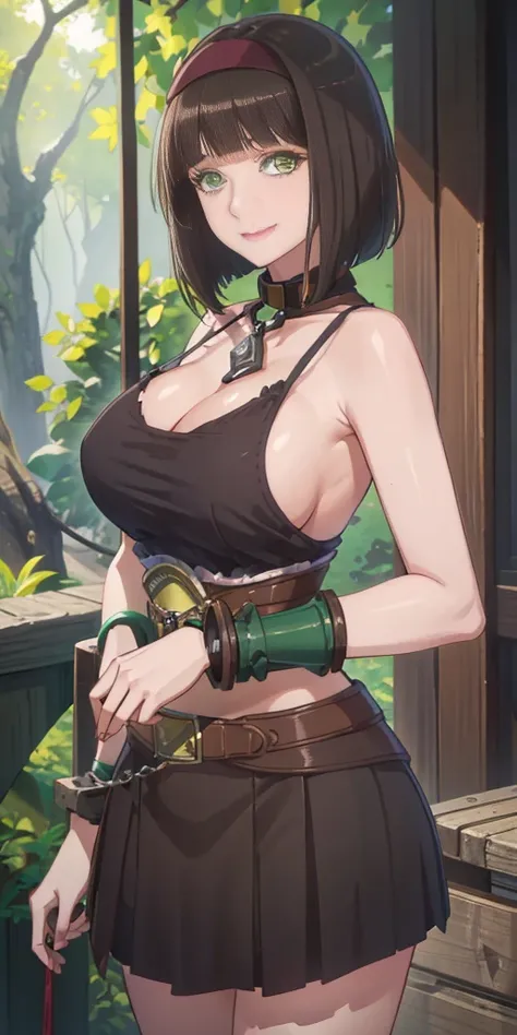 A woman with short dark brown hair, faint green eyes, smiling in a fantasy world forest, holding a fan with one hand, big breast, solo, 1girl, smile, looking at viewer, SLAVE, SHACKLES, BRACERS, CHAINS