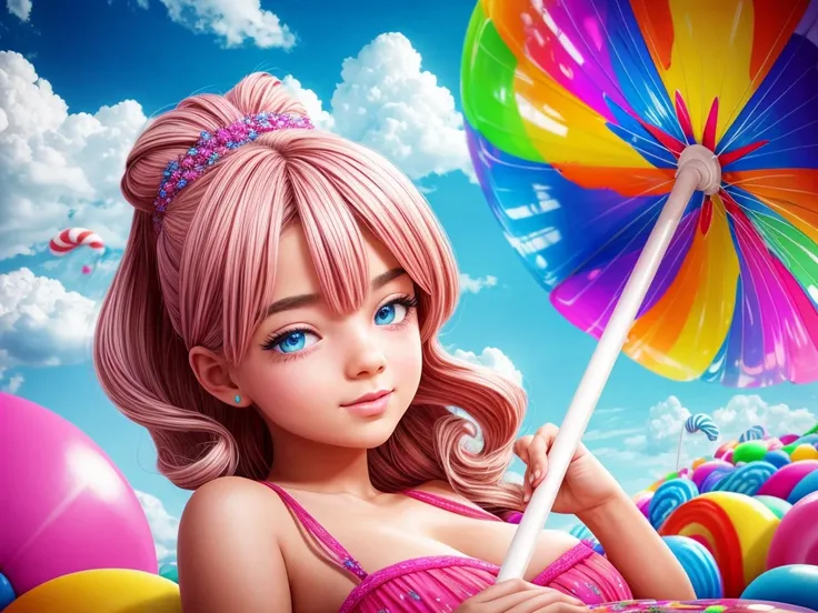 (ultra-detailed, vibrant) A girl in a Candyland, with candyfloss clouds and a sugar-coated landscape. She has mesmerizing, sparkling eyes and luscious, glossy lips that look like theyre made of delicious candy. The exquisitely detailed world around her is ...