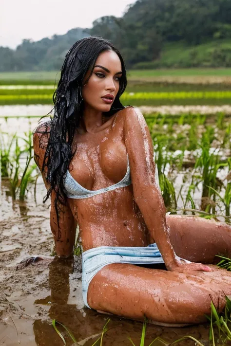 (best quality,ultra-detailed,realistic),a beauty Megan Fox lying on a muddy paddy rice field,wet body soaked,showing pubic hairs wet detailed, dark hairy pussy,wearing a bra and a mini skirt transparant. She has a huge breast out 