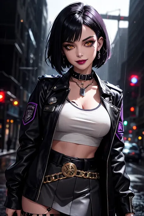 Beautiful police vampire, short black French bob hair at the back of her neck, yellow eyes with punk style makeup, purple lipstick, wearing a gray fitted blouse and skirt, punk style jacket, police badge on her belt, showing her defined abdomen, charming s...