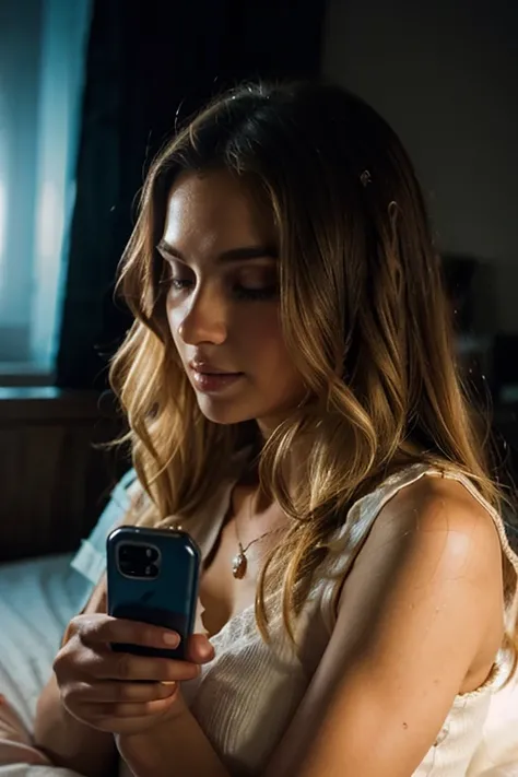 a close-up of a white Colombian girl aged 26, with wavy long blonde hair, profile pic, without glasses, profile photo, she has a cute face, and lying in bed holding phone for a selfie, ultra-realistic, dim light dark room at night