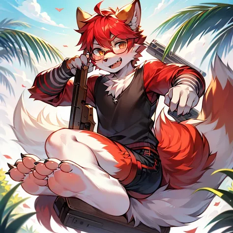 wear glasses,masterpiece, high quality, H, number (artwork), Cutting thick snacks, Yes,Kiyoyama,Red hair all over, male wolf,short hair,portrait, Bright Eyes,The eyes are gray，With black bow，white belly，The tip of the tail is white，White palms and soles，Pa...