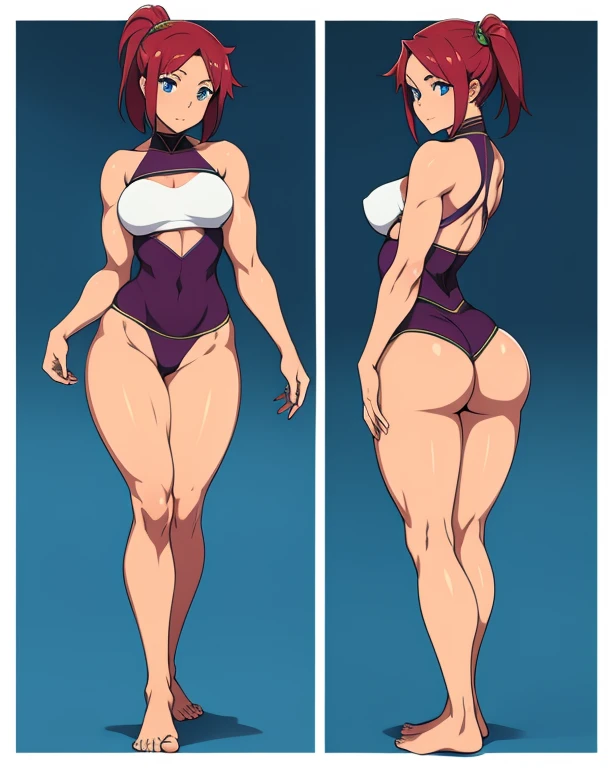 Anime woman, skimpy clothes, barefoot, feet visible, slightly muscular, front and back, big ass, small waist