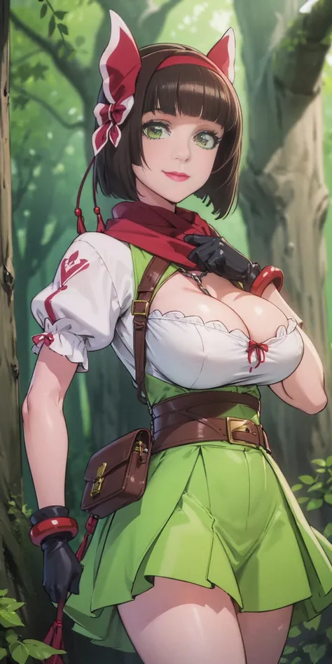 A woman with short dark brown hair, faint green eyes, smiling in a fantasy world forest, holding a fan with one hand, big breast, solo, 1girl, smile, looking at viewer, SLAVE, SHACKLES, BRACERS, CHAINS