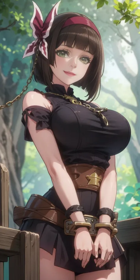 a woman with short dark brown hair, faint green eyes, smiling in a fantasy world forest, holding a fan with one hand, big breast...