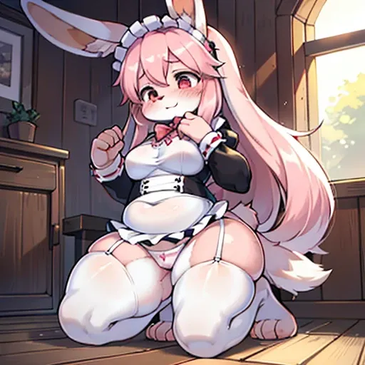 furry, furry woman, solo, full body, rabbit varieties holland lop, round tail rabbit, pink rabbit tail, pink rabbit ears, Rabbit with droopy ears, long hair, pink long hair, dressed in a maid outfit, black maid outfit, detailed, bow on neck white bow, open...