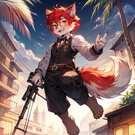 wear glasses,masterpiece, high quality, H, number (artwork), Cutting thick snacks, Yes,Kiyoyama,Red hair all over, male wolf,short hair,portrait, Bright Eyes,The eyes are gray，With black bow，white belly，The tip of the tail is white，White palms and soles，Pa...