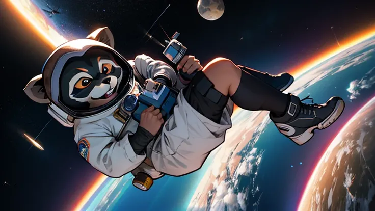 raccoon astronaut, funny, very cool, cinematography, illustration, no gravity