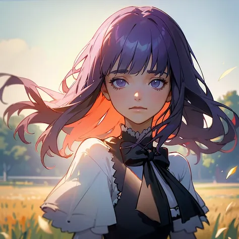 frederica bernkastel portrait of a cute woman in a bright windy field, river, (backlighting), masterpiece, highest quality, lens...