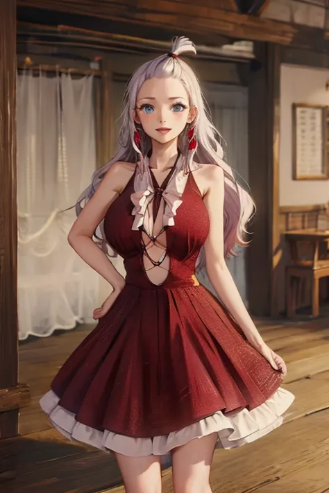 (best quality,4k,8k,highres,masterpiece:1.2),ultra-detailed,realistic,photorealistic:1.37, Mirajane Strauss, with a beautiful smile, wearing a sensual red dress 