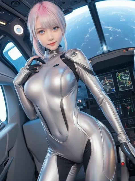 masterpiece, best quality, extremely detailed, 1 girl, SF style, futuristic style, zero gravity, floating in the air, swimming in the air, silver costume that looks like a uniform, thin whole-body tights, SF pilot suit, plugsuit, futuristic suit, mecanical...