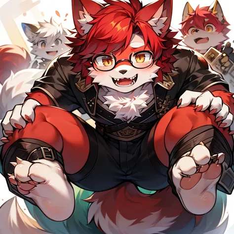 wear glasses,masterpiece, high quality, H, number (artwork), Cutting thick snacks, Yes,Kiyoyama,Red hair all over, male wolf,short hair,portrait, Bright Eyes,The eyes are gray，white belly，The tip of the tail is white，White palms and soles，Meatballs pink pa...