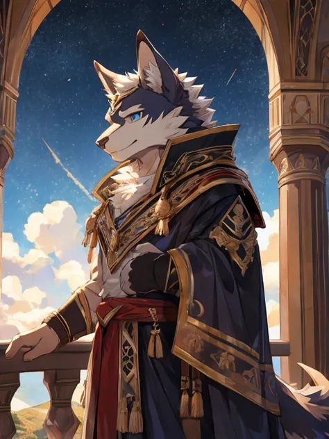 (furry art, Uploaded to e621: 1.4),1 boy, A dragon, alone, on the mountain, looking at the stars, permanent, detail fur, perfect eyes, Detail body, Detailed face, (masterpiece), (best quality), (Super detailed: 1.0), cool pose, (Clear, shining:0,8), (1 boy...