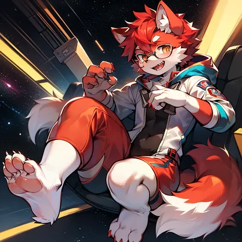 wear glasses,masterpiece, high quality, H, number (artwork), Cutting thick snacks, Yes,Kiyoyama,Red hair all over, male wolf,short hair,portrait, Bright Eyes,The eyes are gray，white belly，The tip of the tail is white，White palms and soles，Meatballs pink pa...