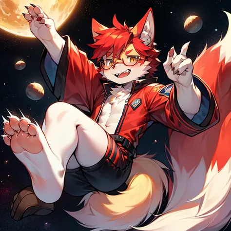 wear glasses,masterpiece, high quality, H, number (artwork), Cutting thick snacks, Yes,Kiyoyama,Red hair all over, male wolf,short hair,portrait, Bright Eyes,The eyes are gray，white belly，The tip of the tail is white，White palms and soles，Meatballs pink pa...