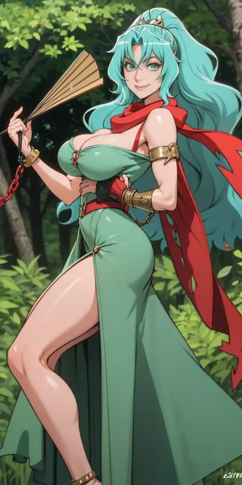 A woman with long cyan hair, red reptilian eyes and a curvaceous figure, smiling in a fantasy world forest, holding a fan with one hand, big breast, solo, 1girl, smile, red scarf, looking at viewer, SLAVE, SHACKLES, BRACERS, CHAINS