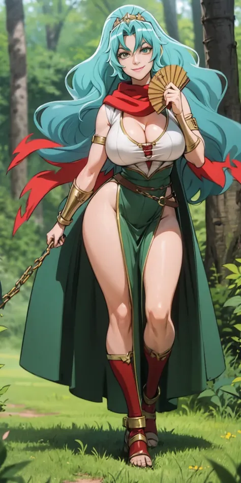 A woman with long blue hair, red reptilian eyes and a curvaceous figure, smiling in a fantasy world forest, holding a fan with one hand, big breast, solo, 1girl, smile, red scarf, looking at viewer, SLAVE, SHACKLES, BRACERS, CHAINS