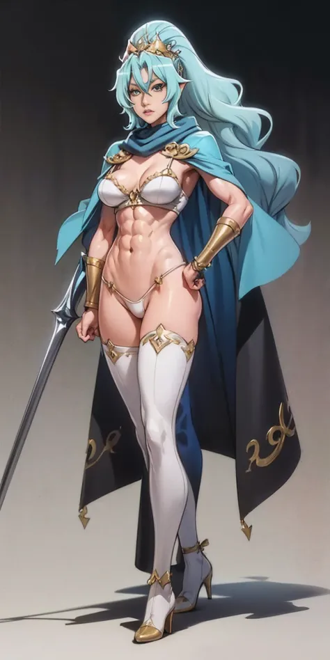 extremely long hair , ponytail, perfect anatomy 1 girl tall solo, slim thick, ((muscular)) high elf toned body, silver breast plate, blue cape, slender abs, hourglass waist, detailed face, defined cheekbones, puffy lips, gauntlets, gold crown, shadow over ...