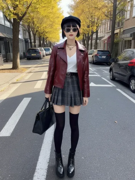 1 girl, short hair, black hair, bag, bracelet, fashion, hat, jacket, jewelry, necklace, tights, belt, black shoes, black jacket, boots, earrings, full body, holding, jacket, leather, leather jacket, outdoors, tights, road, solo,  standing, street, sunglass...