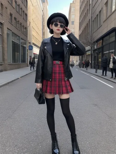 1 girl, short hair, black hair, bag, bracelet, fashion, hat, jacket, jewelry, necklace, tights, belt, black shoes, black jacket, boots, earrings, full body, holding, jacket, leather, leather jacket, outdoors, tights, road, solo,  standing, street, sunglass...