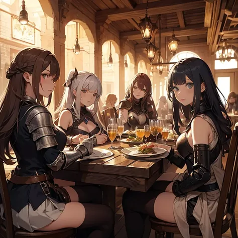 A group of  female medieval fantasy adventurers, (in tavern), various hair styles, harem, night, details face, short skirt, seducing, sleeveless, armor 