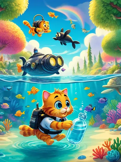 (solo:1.3), the iconic tabby ((Garfield)) is geared up in a scuba diving suit, complete with flippers and a snorkel mask, with his natural curiosity and love for exploration he plunges into the crystal-clear ocean water, surrounded by colorful coral reefs ...