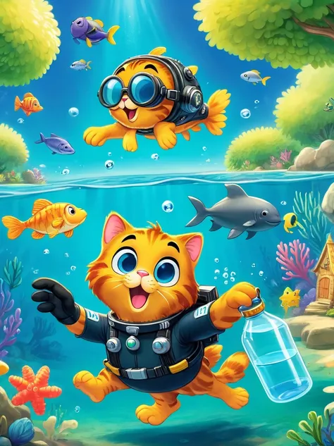 (solo:1.3), the iconic tabby ((Garfield)) is geared up in a scuba diving suit, complete with flippers and a snorkel mask, with his natural curiosity and love for exploration he plunges into the crystal-clear ocean water, surrounded by colorful coral reefs ...