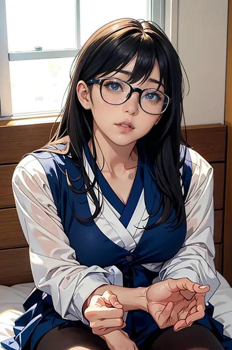 There is a woman sitting in bed with glasses on,Young beautiful girl gravure idol, kotegawa yui, shikamimiウルザン-6500-v1.1,(Raw photo:1.2), (realistic:1.4), random pose,Meticulous beautiful girl, highly detailed eyes and face, detailed and beautiful eyes, ab...