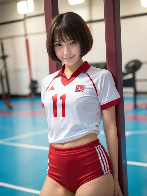 ((((whole body 1.4)))),1 girl, masterpiece,best image quality,13 years,  smile, beautiful eyes, perfect eyes, beautiful lips, perfect lips, short hair, Are standing, ,volleyball player red uniform,Sexy hot pants style,perfect face, Angelic,Idol, super real...