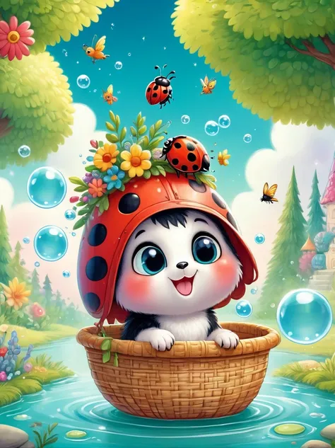 cute red ladybug smiling with a flower hat in a beautiful basket, bubbles, Munchkin, Geometric multidimensional wall portrait, livro de arte, chibi, Beautiful, Colouring, Obras, of the highest quality, Arte Oficial, Beautiful and Aesthetic, best quality