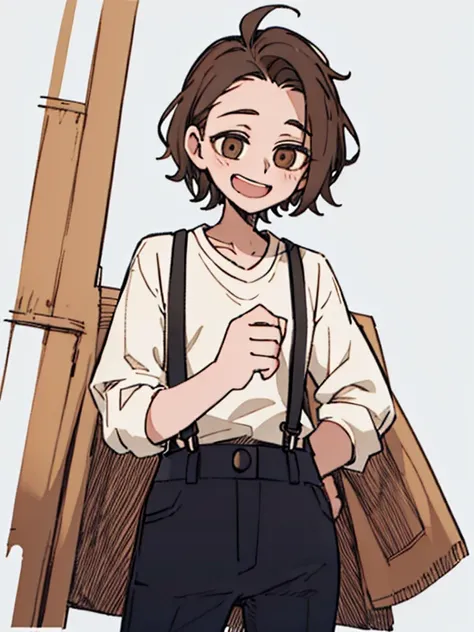 girl&#39;s forehead,((three parts),(has short brown hair),(suspenders)),young, simple background，（long sideburns），Bad milk，laugh，trousers，Long sleeve t-shirt，modern day，（suspendersมีผ้าด้านหน้า）