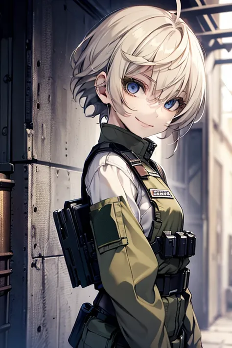 (( best quality, masterpiece, )) white hair, crimson eyes, pale skin, short hair, tomboy, smile, albino, military uniform, kevlar vest, small breasts