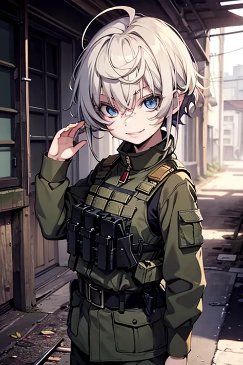 (( best quality, masterpiece, )) white hair, crimson eyes, pale skin, short hair, tomboy, smile, albino, military uniform, kevlar vest, small breasts