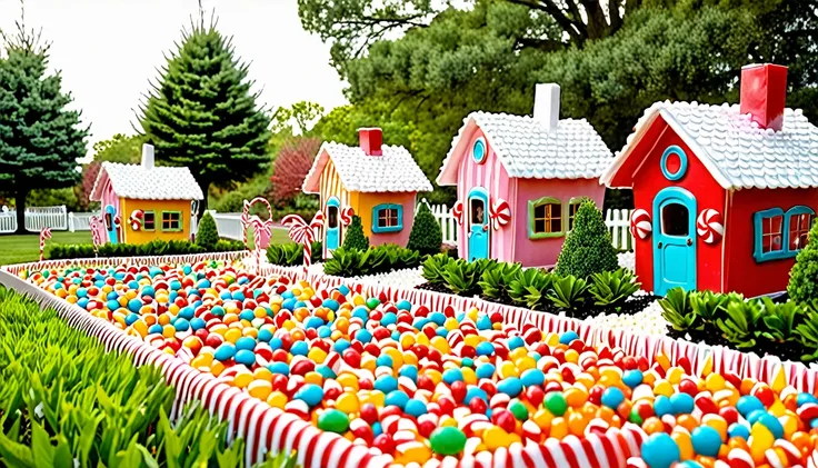 Children laugh and play in a land made of candy with peanut brittle houses and gum drop bushes, peppermint trees, and licorice animals