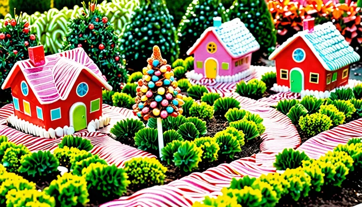 Children laugh and play in a land made of candy with peanut brittle houses and gum drop bushes, peppermint trees, and licorice animals