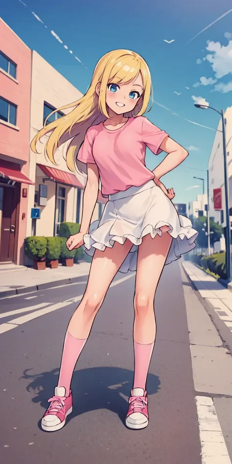 beautiful, (masterpiece:1.2), (best quality:1.2), Beautiful 10-year-old white girl with blue eyes, long swept-back straight blond hair, Happy), Pink and white frilly miniskirt, pink shirt, pink socks, white sneakers, California City background, daylight.