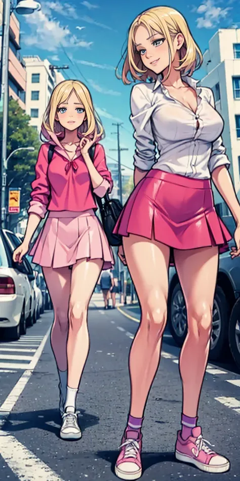 beautiful, (masterpiece:1.2), (best quality:1.2), Beautiful 10-year-old white girl with blue eyes, long swept-back straight blond hair, Happy), Pink and white frilly miniskirt, pink shirt, pink socks, white sneakers, California City background, daylight.