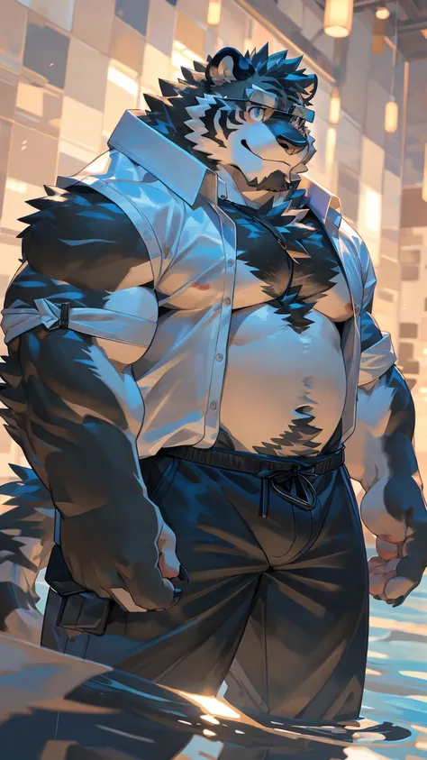 alone, ((fluffy fur, fluffy, hairy body)), detailed fluffy fur, Detailed face, delicate Eye, dynamic poses, (super detailed), sharp focus, Genji, Eye, hairy, (Gray black fur:1.5), White beard, human nature (black tiger), chest hair，male, middle aged, white...