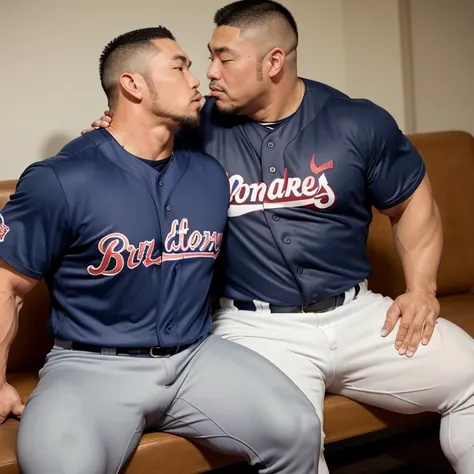 sweaty skin, full body,(looking away:1.2), (sexy look:1.2), (kissing each other:1.2), (baseball uniform:1.2), (sitting on couch:...