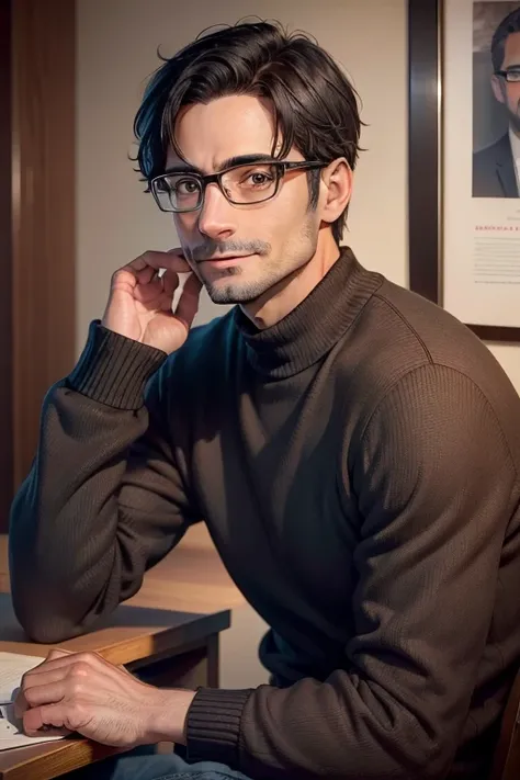 adult male, 35 years old, dark brown eyes, with glasses, thin, no muscles, black hair, with red sweater, stare in front of the camera, realistic pictures, smile,